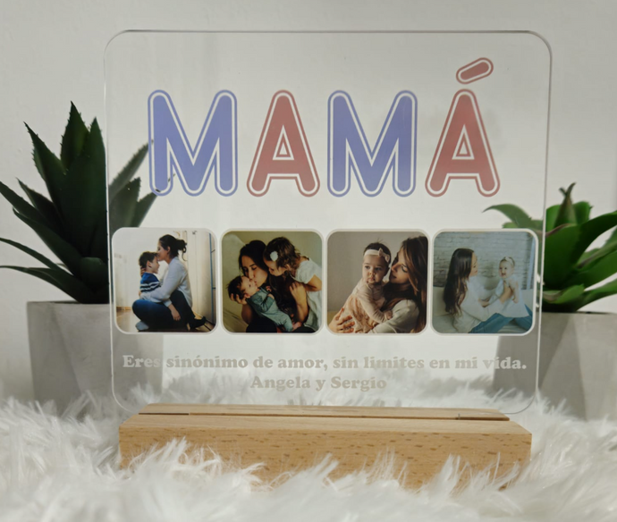 Lámpara Mamá 4 fotos personalizada con letras a color - Imagina Y Compra