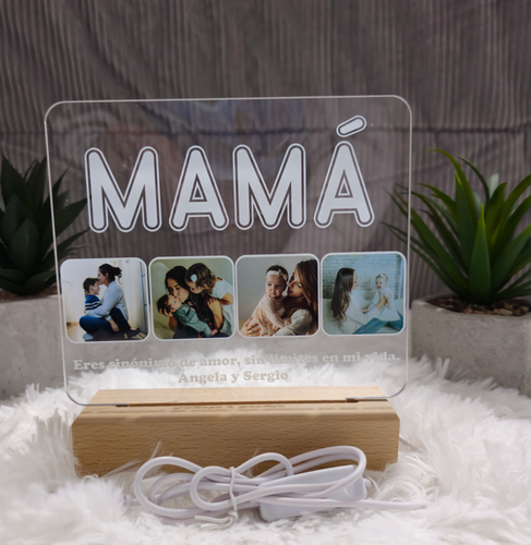 Lámpara Mamá 4 fotos personalizada (Letras blancas) - Imagina Y Compra