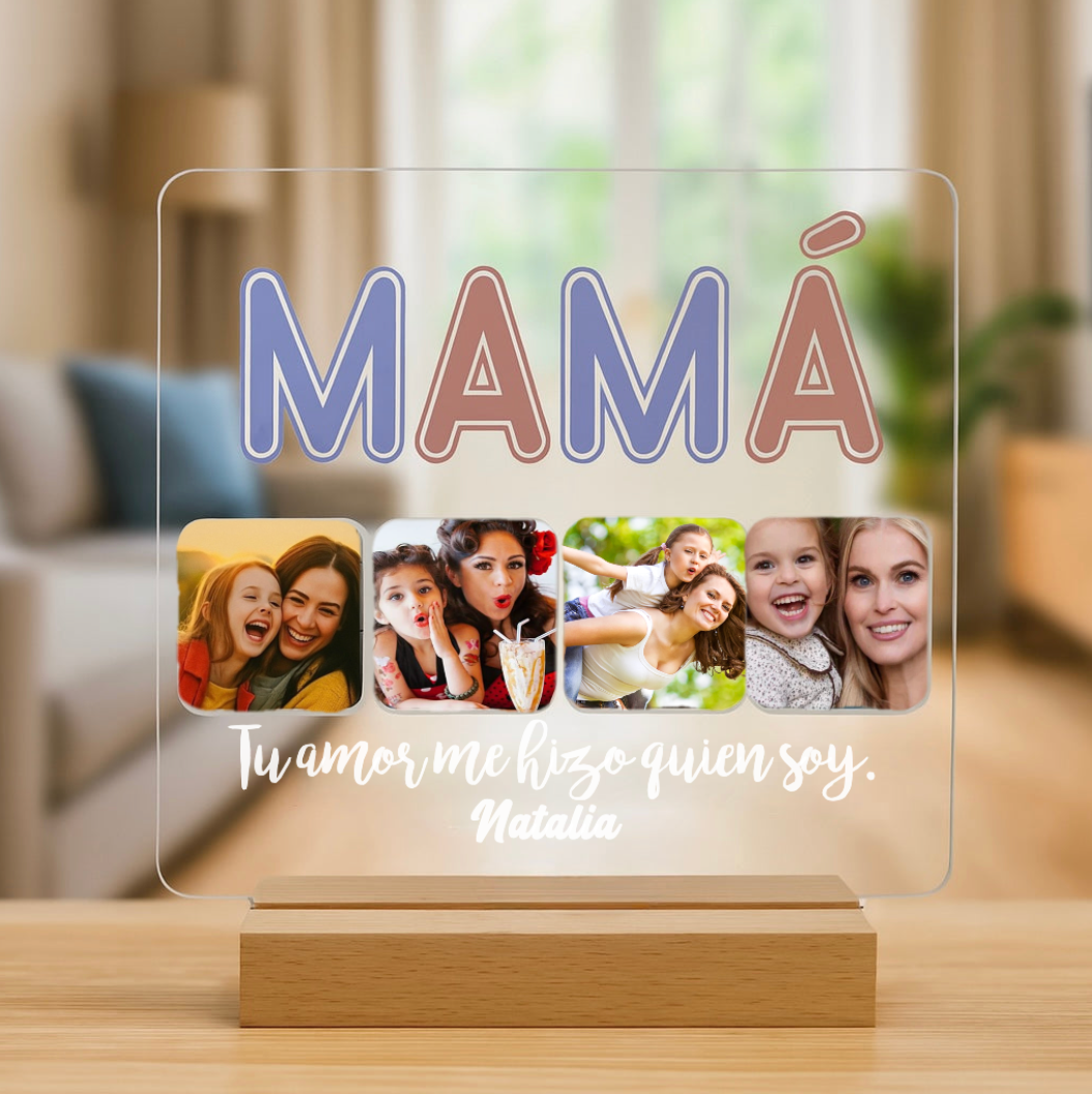 Lámpara Mamá 4 fotos personalizada con letras a color - Imagina Y Compra