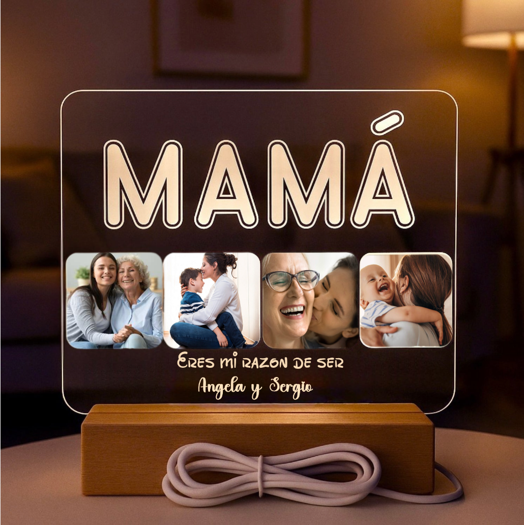 Lámpara Mamá 4 fotos personalizada (Letras blancas) - Imagina Y Compra
